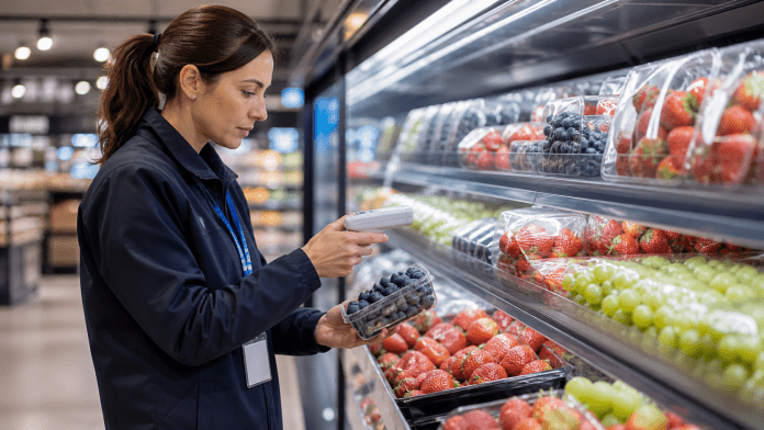 Trabajadora revisando berries en una vitrina refrigerada con un instrumento de control.