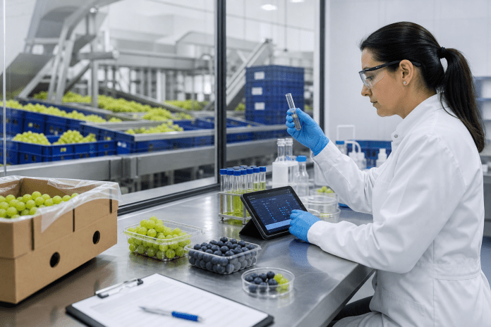 Encargada de calidad revisando una muestra de fruta en un laboratorio conectado a una línea de packing.