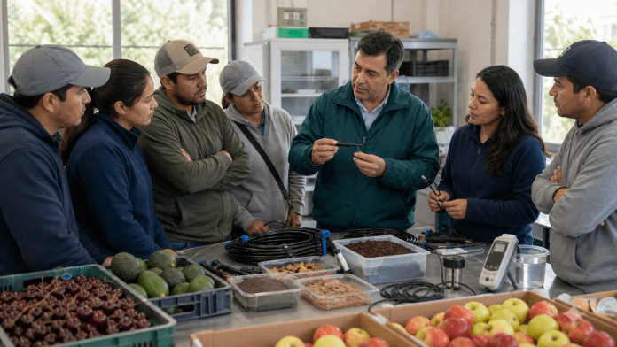 Capacitación frutícola: estudiar riego, frío y calidad dejó de ser lujo Instructor agrónomo capacitando a estudiantes adultos en riego, poscosecha y calidad frutícola.
