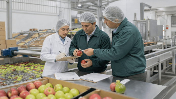 Trazabilidad e inocuidad: la caja de fruta también necesita memoria Auditora y equipo de calidad revisando trazabilidad e inocuidad de fruta fresca en packing.