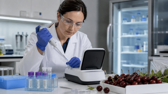 Detectar en 48 horas: qué cambia un diagnóstico molecular en cerezas Investigadora analizando muestras de cerezas con un kit portátil de diagnóstico molecular en un laboratorio de packing.
