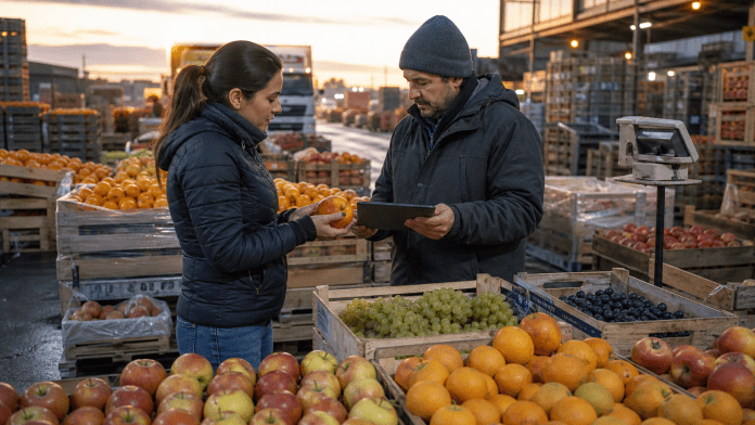 El consumo interno también lee la temporada: importaciones, oferta y precio de la fruta en Chile Dos comerciantes comparando muestras de fruta en un mercado mayorista chileno al amanecer.