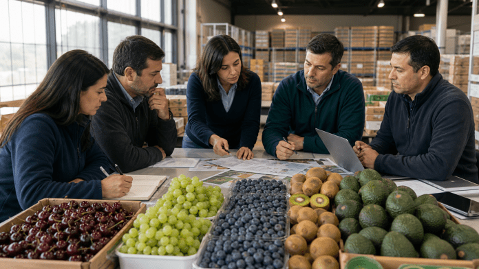 Diversificar mercados: la fruta chilena necesita más puertas y menos dependencia Equipo comercial analizando fruta chilena y alternativas de mercado en una exportadora.