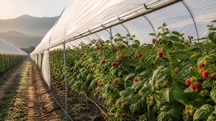 Cultivar bajo cobertura: proteger el fruto también es gestionar el clima Hileras de frambuesas productivas bajo macrotúneles en un predio de La Araucanía.