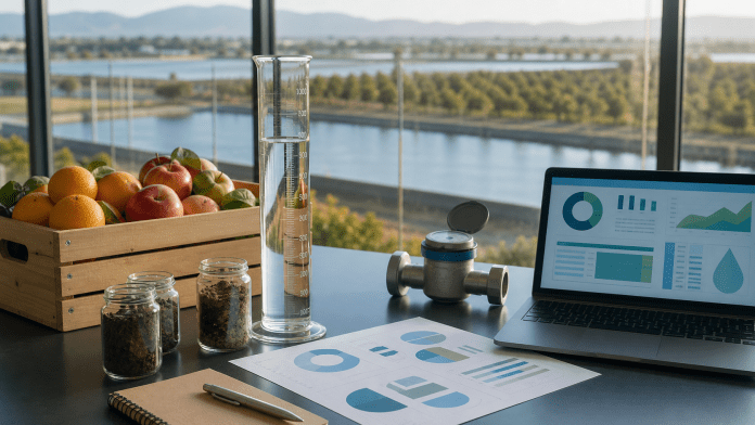 Mesa de sustentabilidad con medidor de agua, muestras de suelo, frutas y embalse de riego al fondo.