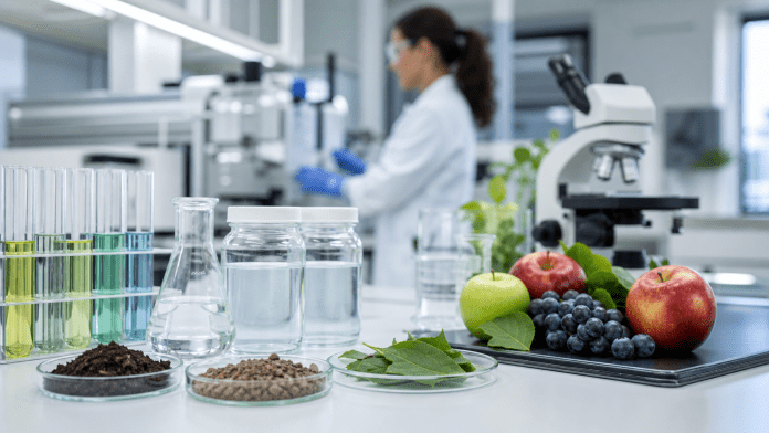 Laboratorios y proveedores técnicos: cuando una muestra pequeña evita un error grande Laboratorio agrícola con muestras de suelo, agua, hojas y fruta fresca para análisis técnico.
