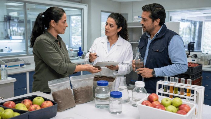Laboratorios agrícolas: el proveedor que ayuda a leer suelo, agua y fruta antes de decidir Productora y proveedor de laboratorio revisando muestras de suelo, agua y fruta en un laboratorio agrícola.