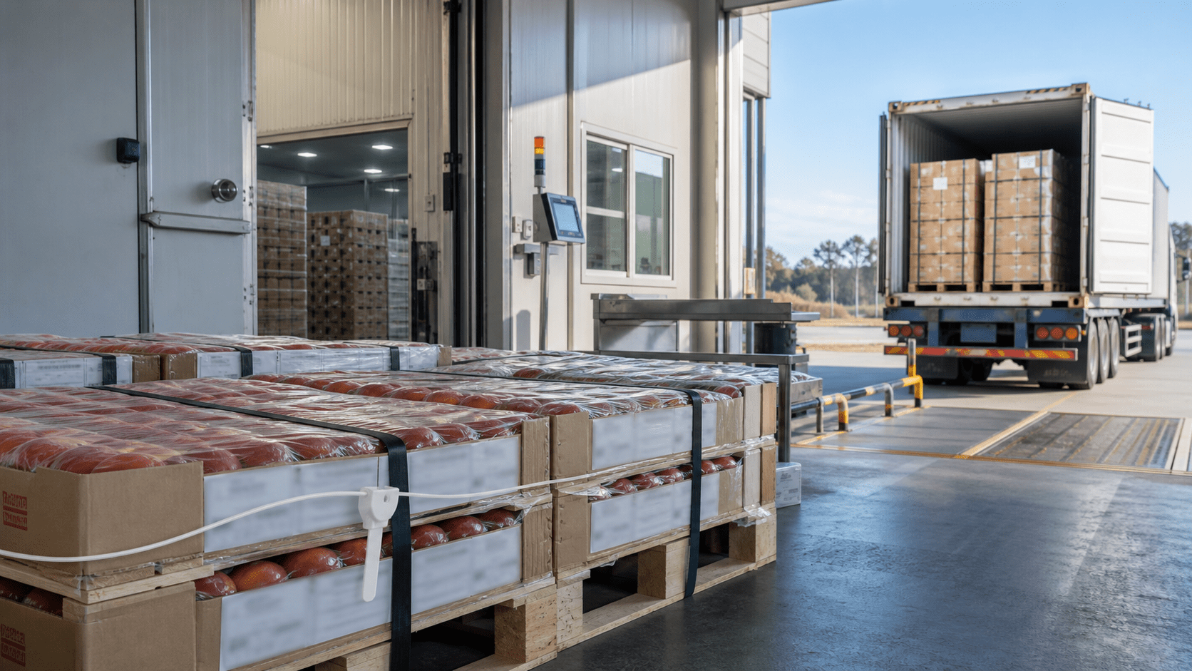 Certificado fitosanitario: el documento que resume una cadena de cumplimiento Pallets cerrados y contenedor reefer listos para la salida desde un centro de exportación de fruta.