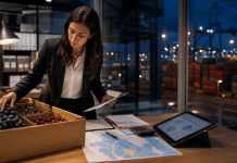 Aranceles de Estados Unidos: la fruta chilena vuelve a mirar el mapa completo Ejecutiva revisa fruta chilena y documentos de comercio exterior junto a un puerto de exportacion.