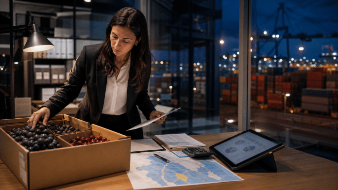 Ejecutiva revisa fruta chilena y documentos de comercio exterior junto a un puerto de exportacion.