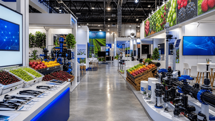 Pabellon de feria fruticola con fruta, tecnologia, riego y equipos para proveedores.