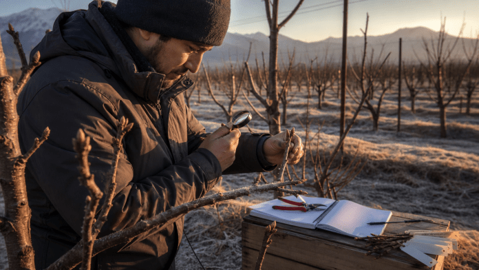 Agronomo revisa yemas de cerezos en un huerto de invierno antes de la temporada.