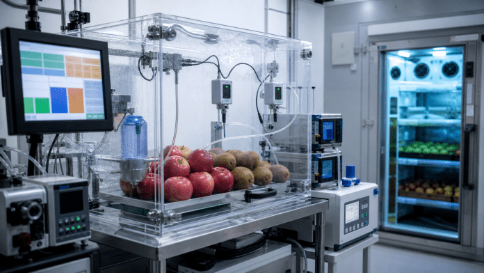 Atmosfera controlada y postcosecha de fruta Laboratorio de atmosfera controlada con fruta, sensores y equipos de postcosecha.