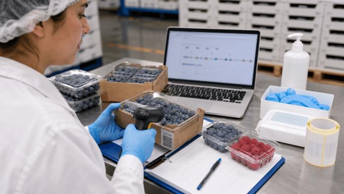Trazabilidad e inocuidad para fruta fresca Profesional de inocuidad escanea cajas de berries durante una revision de trazabilidad.