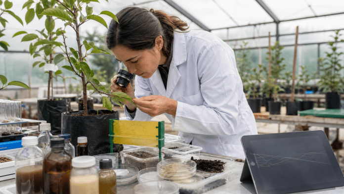 Bioinsumos y manejo integrado en frutales Investigadora revisa hojas de frutales y muestras de bioinsumos en un invernadero tecnico.