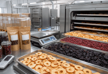 Fruta procesada: la segunda vida de una cosecha también puede exportar valor Sala industrial con bandejas de fruta deshidratada, envases y maquinaria de proceso.