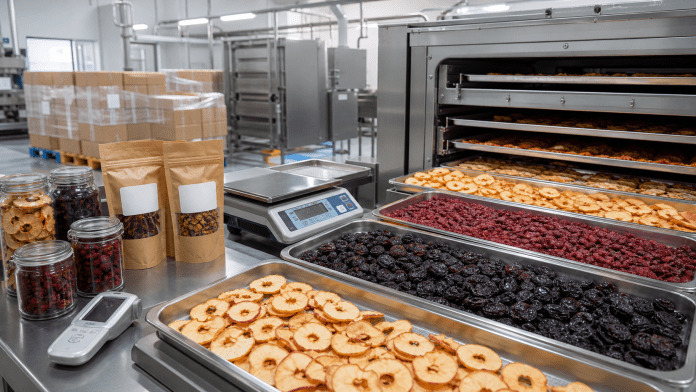 Fruta procesada y deshidratada con valor agregado Sala industrial con bandejas de fruta deshidratada, envases y maquinaria de proceso.