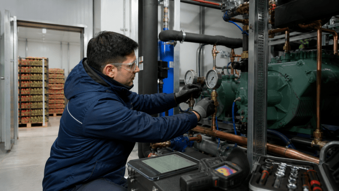 Tecnico revisa manometros y equipos de refrigeracion en una sala de maquinas frigorificas.